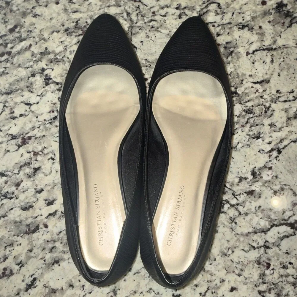 🩰 Christian Siriano Pointy Ballet Flats sz 10 W Black Matte Reptile Leatherette